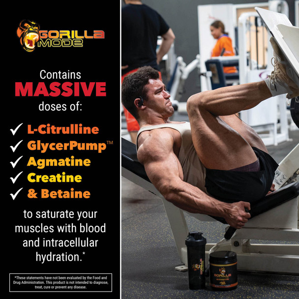 Gorilla Mode Pre Workout - Massive  · Laser Focus · Energy · Power - L-Citrulline, Creatine, GlycerPump, L-Tyrosine, Agmatine, Kanna, N-Phenethyl Dimethylamine Citrate - 617 Grams (Tigers )