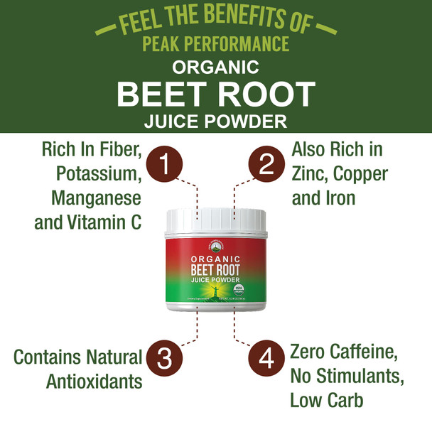 Organic Beet Root Powder - Ultra High Purity Super Food Beets Juice Powder. 100% Pure Organic Nitric Oxide Boosting Beetroot Supplement. Keto, Paleo, Vegan Organic Reds Superfood Rich in Polyphenols