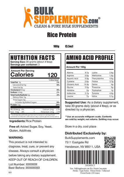 BulkSupplements Rice Protein Concentrate Powder - Vegan Protein - Protein Powder - Unflavored Protein Powder (100 Grams - 3.5 oz)