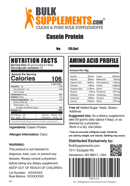 BulkSupplements Casein Protein Powder - Whey Casein Blend Protein Powder - Protein Powder Casein - Micellar Casein - 25g of Protein - 30g , 33 Servings (1 Kilogram - 2.2 lbs)