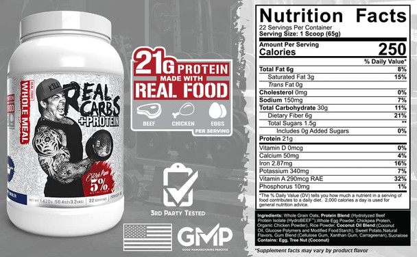 Rich Piana 5% Nutrition 3-Stack | Real Carbs + Shake Time + Real Carbs & Protein | Real Food Meal Replacements + Premium No-Whey Animal Protein (Select Your Flavors)