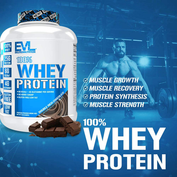 Evlution Nutrition 100% Whey Protein, 25g of Whey Protein, 6g of BCAAs, 4g of Glutamine,  (5 LB, Double Rich Chocolate)