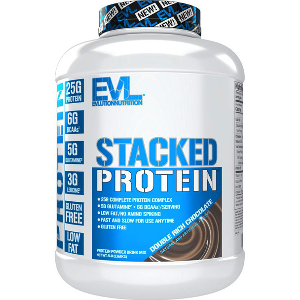 Evlution Nutrition Stacked Protein Protein Powder with 25 Grams of Protein, 6 Grams of BCAAs and 5 Grams of Glutamine (Double Rich Chocolate, 5 LB)