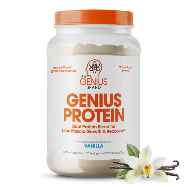 Genius Protein Powder, Vanilla - Dual Protein Blend with Improved Whey Isolate &  Egg White for Lean Muscle Building for Men & Women - Grass-Fed Pre & Post Workout Meal Replacement Shake