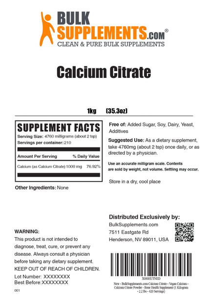 BulkSupplements Calcium Citrate Powder - Calcium Supplements for Bone Health - Unflavored - 4760mg (1000mg of Calcium) , 210 Servings (1 Kilogram - 2.2 lbs)