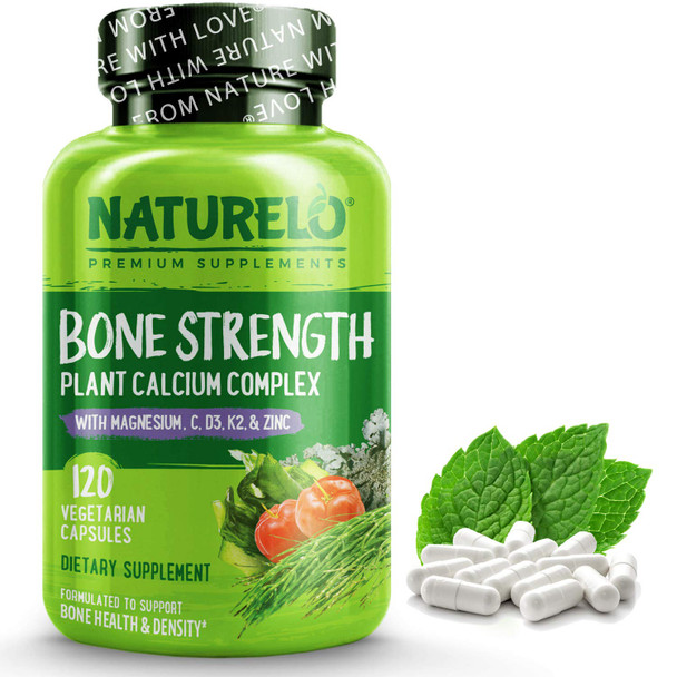 NATURELO Bone Strength - Plant-Based Calcium, Magnesium, Potassium, Vitamin D3, VIT C, K2 - GMO, Soy,  Ingredients -  Food Supplement for Bone Health - 120 Vegan Friendly Capsules