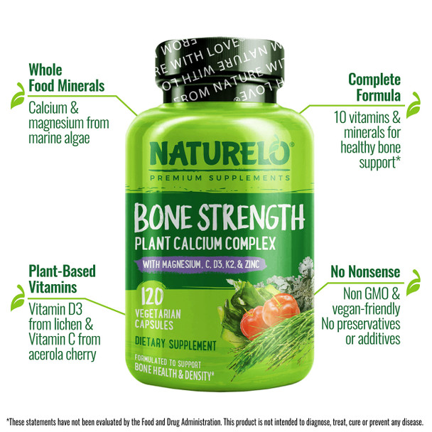 NATURELO Bone Strength - Plant-Based Calcium, Magnesium, Potassium, Vitamin D3, VIT C, K2 - GMO, Soy,  Ingredients -  Food Supplement for Bone Health - 120 Vegan Friendly Capsules