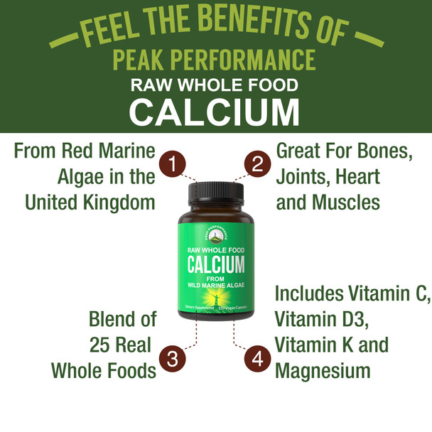Peak Performance Raw  Food Vegan Calcium Supplement Plant Based Calcium with Vitamin C, D3, K, Magnesium. Capsules for Bone, Joints. 120 Pills, Tablets