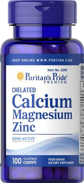 Puritans Pride Chelated Calcium Magnesium Zinc Caplets, 100 Count