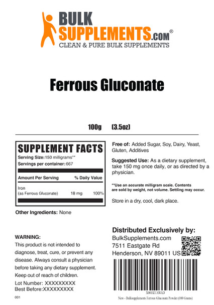 BulkSupplements Ferrous Gluconate Powder - Iron Supplement - Iron Supplement for Women - Iron Supplements for Men - Ferrous Gluconate Supplement (100 Grams - 3.5 oz)