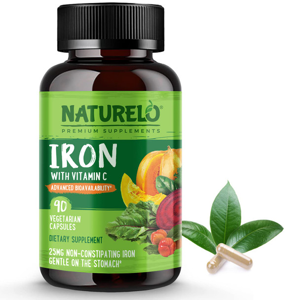 NATURELO Vegan Iron Supplement with Vitamin C and Organic  Foods - Gentle Iron Pills for Women & Men w/Iron Deficiency Including Pregnancy, Anemia and Vegan Diets - 90 Mini Capsules