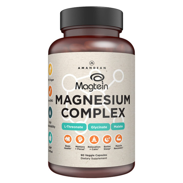 Amandean Magnesium L-Threonate Complex. Magtein, Glycinate, Malate Supplement. 90 Veggie Capsules. High Absorption Bisglycinate Chelate + DiMagnesium Malate. Brain Health, Memory, Focus, Sleep, Calm*.