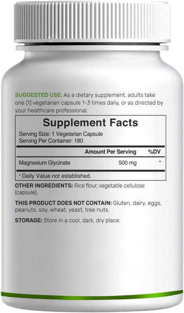 Magnesium Glycinate 500mg, 180 Veggie Capsules | Chelated for Easy Absorption | Highly Purified Essential Trace Mineral for Muscle, Joint, Heart, & Digestive Health