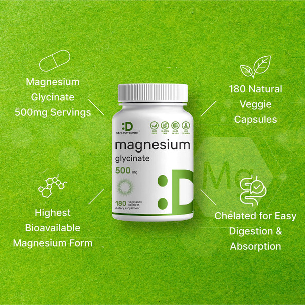 Magnesium Glycinate 500mg, 180 Veggie Capsules | Chelated for Easy Absorption | Highly Purified Essential Trace Mineral for Muscle, Joint, Heart, & Digestive Health