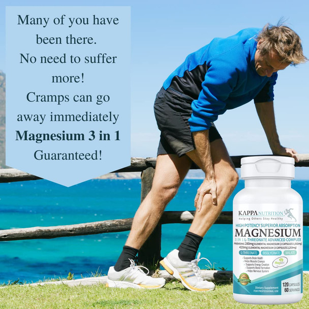 (120 Capsules), 2,253mg , Providing 420mg Elemental Magnesium, L-Threonate, Bisglycinate Chelate, Malate, for Brain, Sleep, , Cramps, Headaches, Energy, Heart, from Kappa Nutrition.