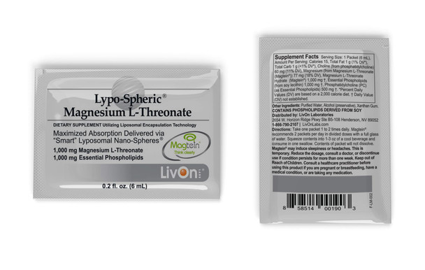 LypoSpheric Magnesium LThreonate  30 Packets  1,000 mg Magnesium Per Packet  Liposome Encapsulated for Improved Absorption  Professionally Formulated & 100% NonGMO