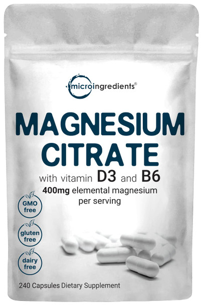 Magnesium Citrate 400mg with Vitamin D3 1000IU & B6, 240 Capsules | Elemental Mineral & Vitamins Complex | Combats Constipation, Supports Muscle, Heart, & Bone Health  Non-GMO