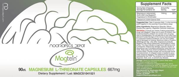 Magtein Magnesium L-Threonate Capsules | 90 Count | Mineral Supplement |  Nootropic | Supports Mitochondrial Function | Boosts Energy and Cognitive Function
