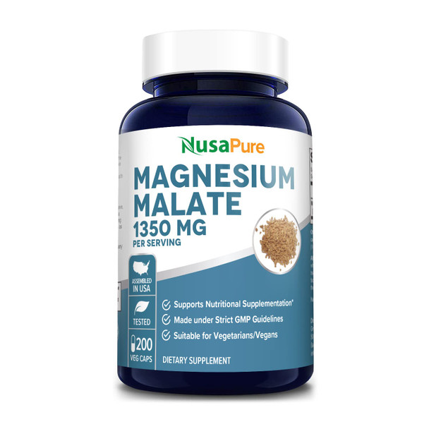 Magnesium Malate 1350 mg 200 Veggie Capsules (Vegan, Non-GMO & Gluten-Free) High Potency