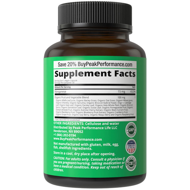 Raw  Food Manganese Supplement - Pure Trace Mineral Capsules for Connective T, Bone Health and Enzyme Support. Superior Absorption. 30 Pills