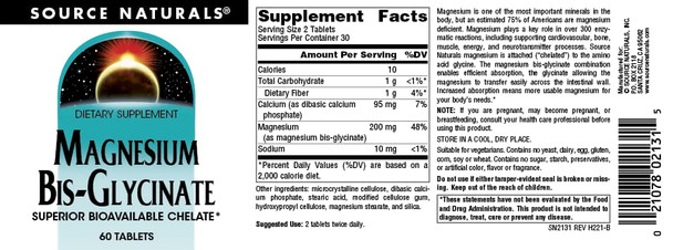 Source s Magnesium Bis-Glycinate - Superior Bioavailable Chelate* - 60 Tablets