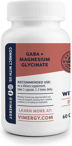 Vimergy GABA with Magnesium, 60 Servings  Natural Calm & Relaxation Support Capsules  Supports Stress Response & Brain Health - Non-GMO, Gluten-Free, Kosher, Soy-Free, Vegan, Paleo Friendly