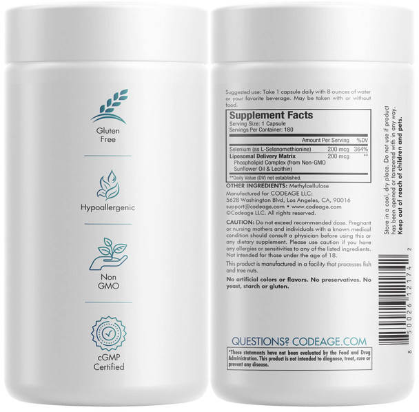 Codeage Selenium 200 mcg Supplement, 6-Month Supply, Immune Support, Mineral Cofactor Seleno, Phospholipids, Vegan, Liposomal Delivery - 2 Pack
