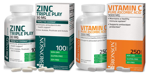 Bronson Vitamin C 1000 mg Premium Non-GMO Ascorbic  + Bronson Zinc Triple Play 30 mg Triple Coverage Immune Support Zinc Supplement