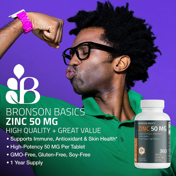 Bronson Zinc 50 Mg High Potency One Year Supply Supports Immune, Antioxidant & Skin Health - Non-Gmo, 360 Vegetarian Tablets