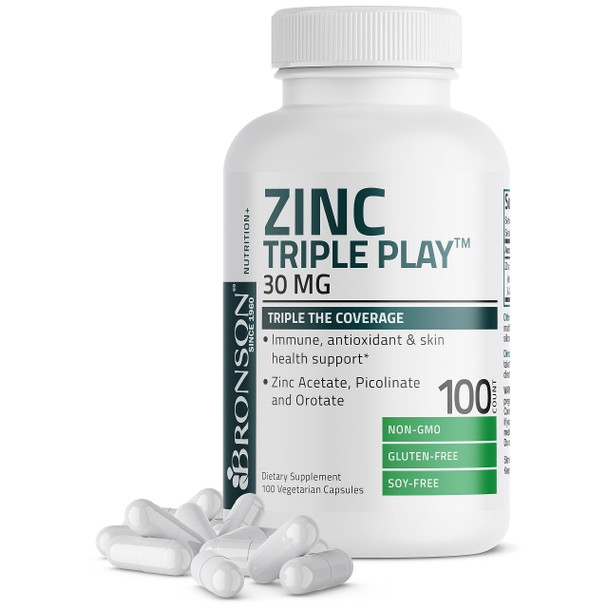 Bronson Zinc Triple Play 30 Mg Triple Coverage Immune Support Zinc Supplement With Zinc Acetate, Picolinate & Orotate - Immune, Antioxidant & Skin Health Support - 100 Vegetarian Capsules