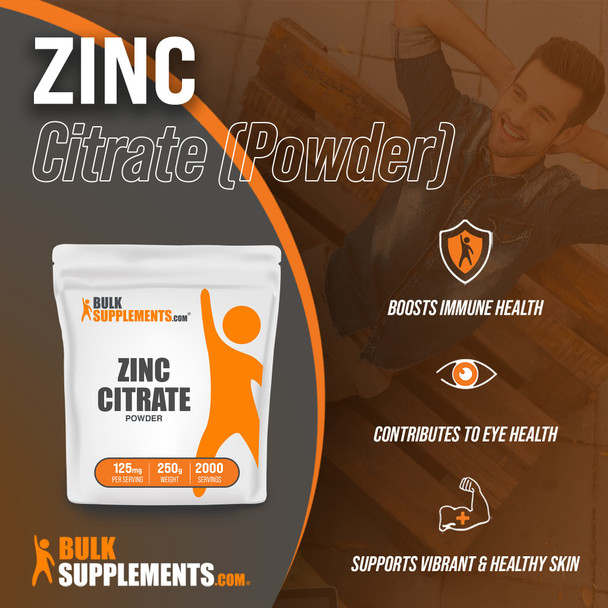 BulkSupplements Zinc Citrate Powder - Zinc Supplements - Pure Zinc - Elemental Zinc - Zinc Mineral Supplements - Zinc Supplement - Zinc Pure - Pure Zinc Supplements (250 Grams - 8.8 oz)