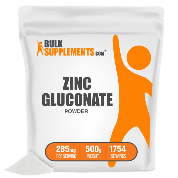 BulkSupplements Zinc Gluconate Powder - Raw Zinc - Vegan Zinc - Zinc Supplement for  - Zinc Vitamins - Pure Zinc - Elemental Zinc - Zinc Powder - Zinc for Men (500 Grams - 1.1 lbs)