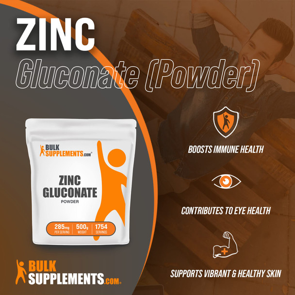 BulkSupplements Zinc Gluconate Powder - Raw Zinc - Vegan Zinc - Zinc Supplement for  - Zinc Vitamins - Pure Zinc - Elemental Zinc - Zinc Powder - Zinc for Men (500 Grams - 1.1 lbs)