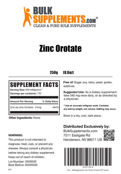 BulkSupplements Zinc Orotate Powder - Zinc Supplement for Immune & Skin Support - , Soy Free - 340mg (50mg of Zinc)  (250 Grams - 8.8 oz)