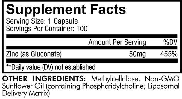 Codeage Liposomal Zinc Supplement  3 Month Supply  One Per Day - 50 mg Zinc Gluconate Vitamin Pills - Essential Mineral Supplements Zinc Plus Liposomal Delivery Matrix  Vegan Non-GMO - 100 Capsules
