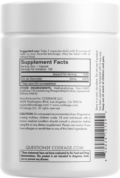 Codeage Liposomal Zinc Supplement  3 Month Supply  One Per Day - 50 mg Zinc Gluconate Vitamin Pills - Essential Mineral Supplements Zinc Plus Liposomal Delivery Matrix  Vegan Non-GMO - 100 Capsules