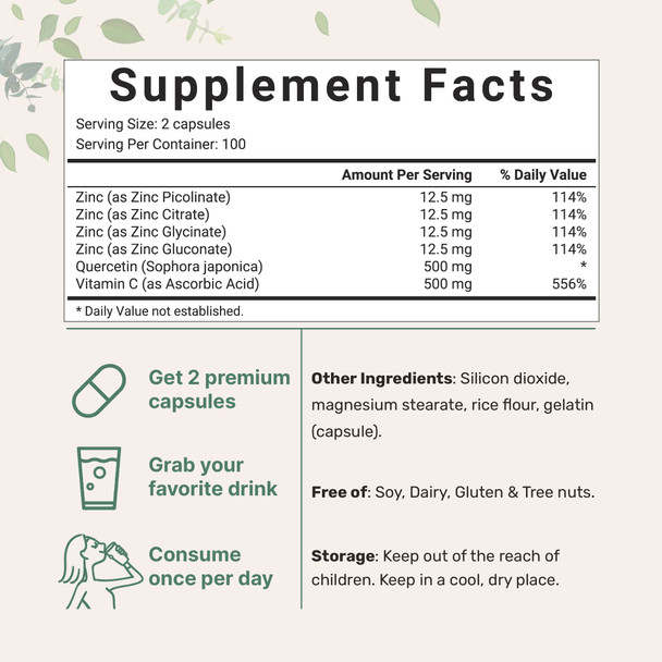 Quercetin with Zinc and Vitamin C, 200 Capsules, 3 in 1 Formula, Quercetin 500mg | Zinc 50mg (Picolinate, Citrate, Glycinate, Gluconate) | Vitamin C 500mg, Complete Immune Support - 100 Servings