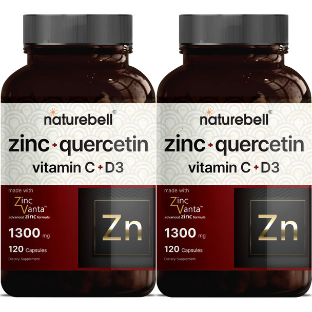 2 Pack Naturebell Zinc Quercetin with Vitamin C & D3, 120 Capsules, Quercetin 1000mg, 4 in 1 Zinc 50mg, Vitamin C 250mg, Vitamin D3 5000 IU - Advanced Immune Defense, ZincVanta, Lung Support