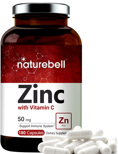 NatureBell Zinc 50mg with Vitamin C, 180 Capsules, Zinc Vitamins and Immune Vitamins, Antioxidant, Non-GMO