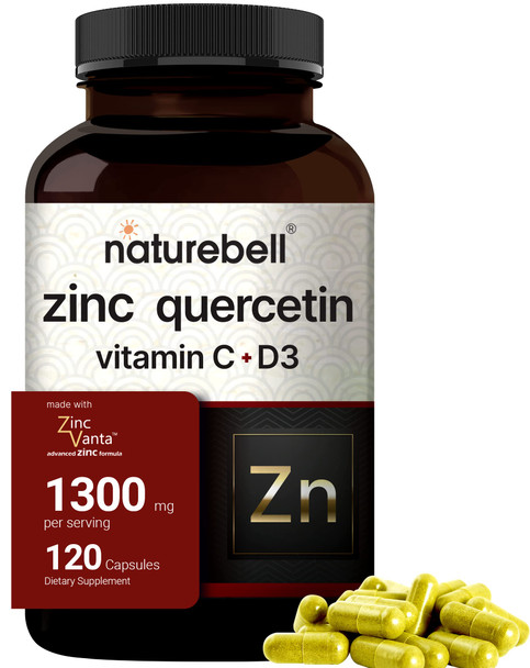 NatureBell Zinc Quercetin 1000mg with Vitamin D3 5000IU, 120 Capsules, 4 in 1 Formula, Zinc 50mg, Vitamin C 250mg, Vitamin D3 5000 IU - Advanced Immune Defense, Non-GMO