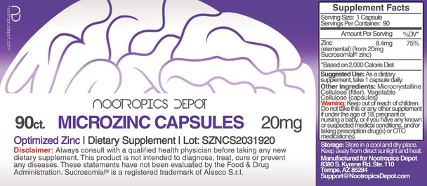 MicroZinc Capsules | 20mg | Optimized Zinc Supplement | 90 Count