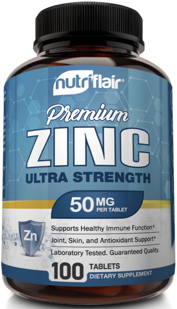 NutriFlair Zinc Gluconate 50mg, 100 Tablets - High Potency Immune System Booster Supplement Pills, Immunity Defense, Powerful  Antioxidant, Non-GMO, Compare with zinc picolinate, citrate, oxide