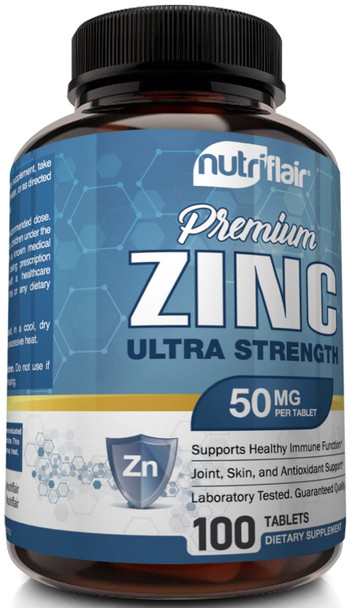 NutriFlair Zinc Gluconate 50mg, 100 Tablets - High Potency Immune System Booster Supplement Pills, Immunity Defense, Powerful  Antioxidant, Non-GMO, Compare with zinc picolinate, citrate, oxide