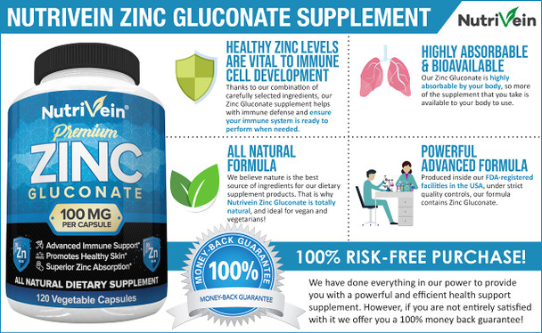 Nutrivein Premium Zinc Gluconate 100mg - 120 Capsules - Immunity Defense Boosts Immune System & Powerful Antioxidant - Promotes Healthy Skin and Acne Defense - Essential Elements for Absorption