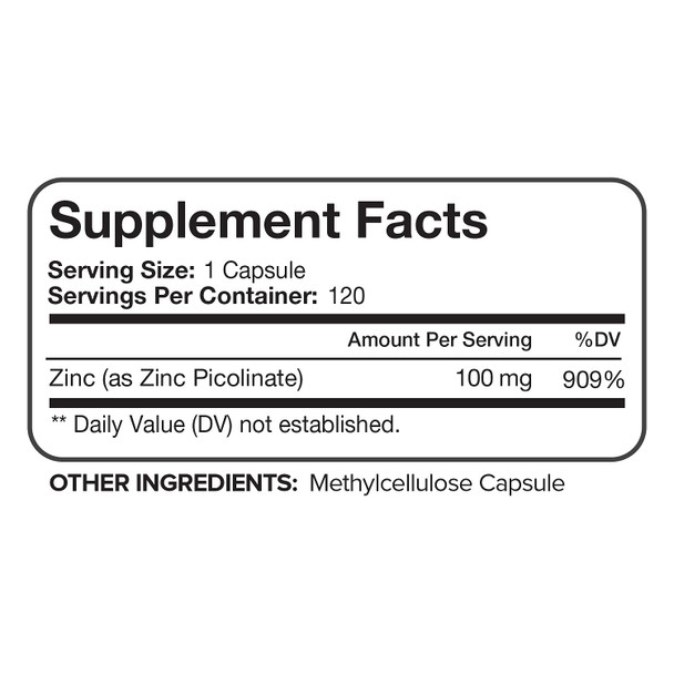 Nutrivein Premium Zinc Picolinate 100mg - 120 Capsules - Immunity Defense Boosts Immune System & Cellular Regeneration - Maximum Strength Bioavailable Supplement - Essential Elements for Absorption