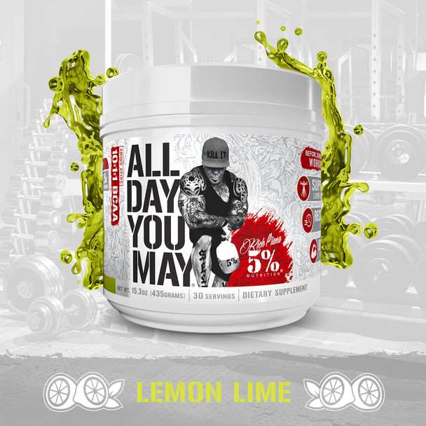 5% Nutrition Rich Piana AllDayYouMay BCAA Powder | Premium Intra & Post Workout Amino s, EAA, Electrolytes | Hydration, Endurance, Recovery | Vegan & Keto | 15.3 oz, 30 Srvgs (Lemon Lime)