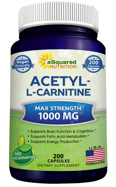 Acetyl L-Carnitine 1000mg Max Strength - 200 Veggie Capsules - High Dosage Acetyl L Carnitine  (ALCAR) Supplement Pills to Support Pure Energy, Brain Function & Fatty