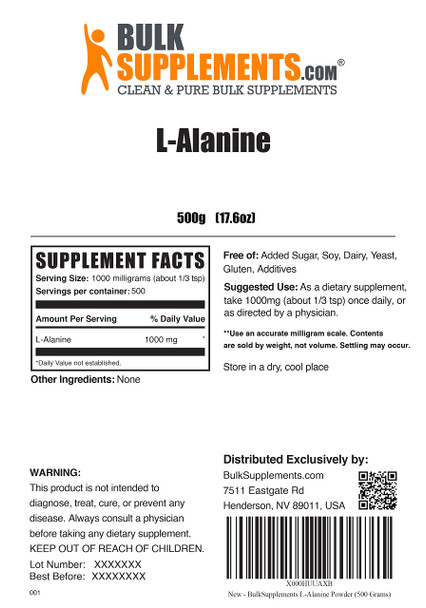 BulkSupplements L-Alanine Powder - Amino s Powder - Unflavored Pre Workout - Vegan Amino  Powder - Amino  Nutritional Supplements (500 Grams - 1.1 lbs)