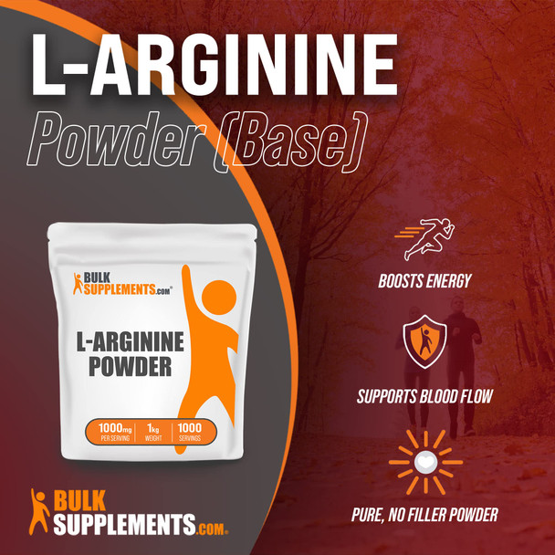 BulkSupplements L-Arginine Base Powder - Arginine Supplement for Men - Nitric Oxide Supplement - Unflavored,  - 1000mg , 1000 Servings (1 Kilogram - 2.2 lbs)