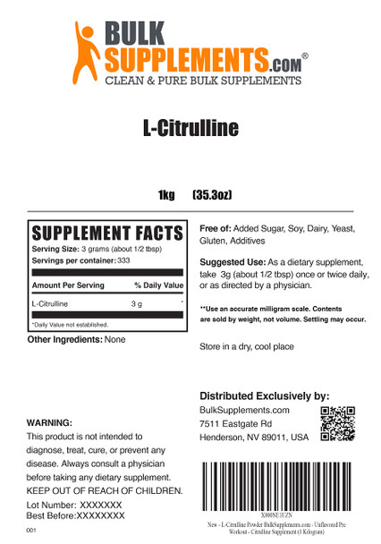 BulkSupplements L-Citrulline Powder - Citrulline Supplement for Circulation & Muscle Recovery - Unflavored,  - 3g s, 333 Servings (1 Kilogram - 2.2 lbs)